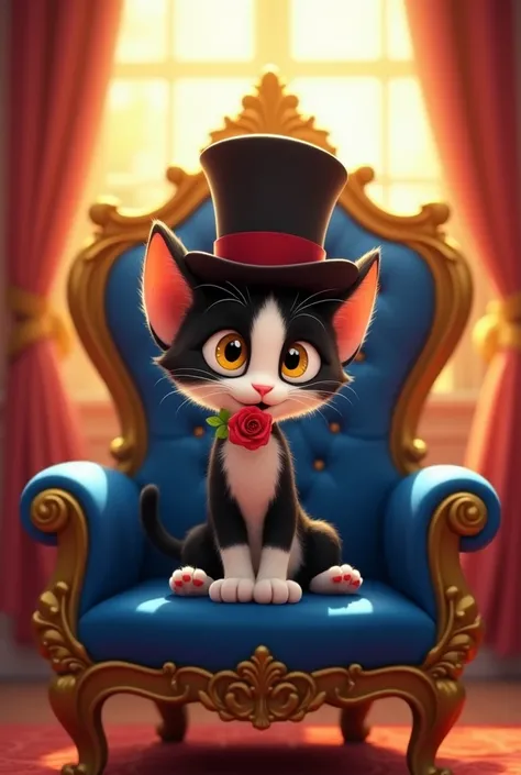 Character: A sweet short-haired black and white male kitten Is sitting. Its Eyes are yellow. 
Clothing: Wearing a top hat and has a rose between his tooths .
Setting: An warrior royal blue throne.
Lighting: Illuminated by natural sunlight streaming through...