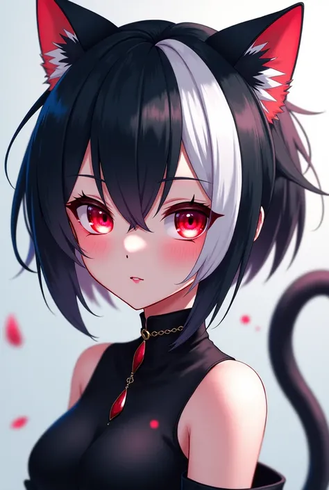 An anime girl with black and white hair with red eyes with cat pupils