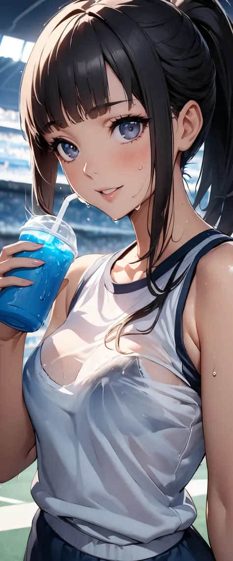 (((masterpiece)))、(( top quality ))、( super detailed )、(CG illustration)、(Very beautiful woman))、 movie-like light 、((1 Female))、 、(Beautiful and luxurious:1.2)、( One Woman :1.3)Sports Stadium,,((Japanese white sleeveless gym clothes), wet with sweat ,Beau...