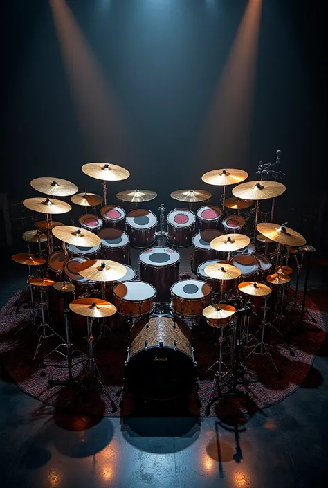 A double bass drum set with 10 tom drums and 25 cymbals including hi-hat cymbals 