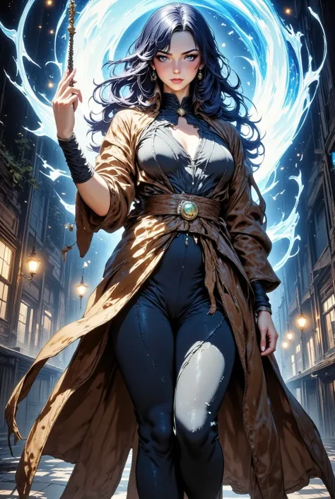  high res, moving line, best quality,ultra detail,masterpiece,1girl,witch,chest, anime, dark blue long hair,  Wizards brown Robe,magic Wand