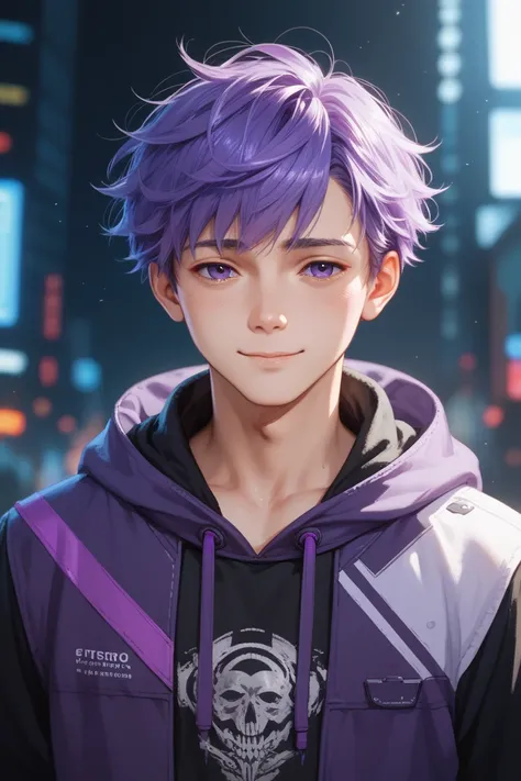 anime teen boy, purple hair, sad smile, misterious, with Hoodie,purple place, futuristic