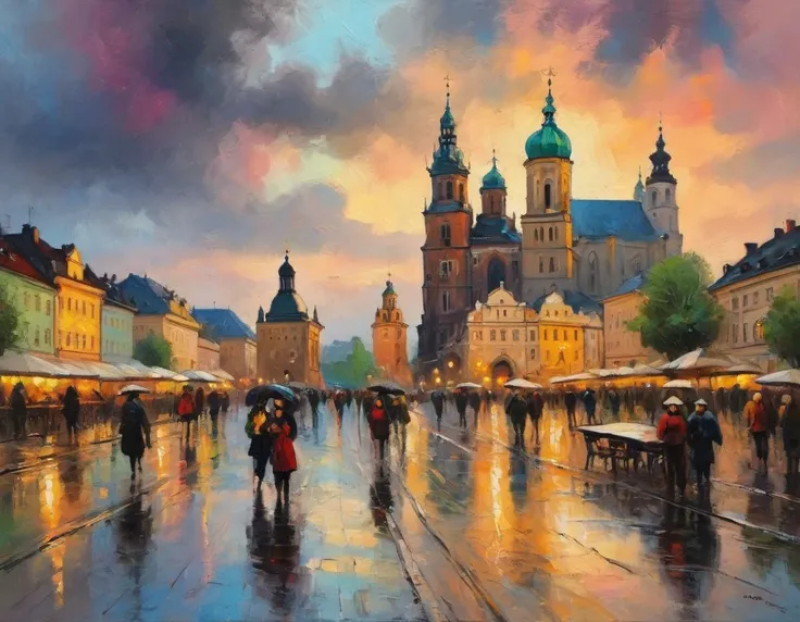 OIL PAINTIN made with palette knife, IMPRESSIONISM,(masterpiece, best quality, ultra-detailed, best shadow),(detailed background),realistic ,(Rembrandt), rainny evening in Cracow City in Poland, view shown throught wet glass, shapes are blurred melts away ...