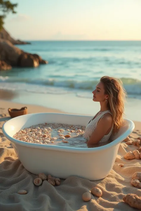 bathtub placed on a secluded beach with a stunning ocean view. The tub is filled with seawater and seashells, with additional props like driftwood or soft linens. The woman is wearing a sheer beach cover-up, her hair styled naturally with sea-salt waves. T...