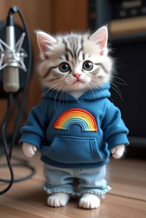 "A cute fluffy kitten, with light gray fur, big round eyes, and a small pink nose. The kitten wears a cozy blue hoodie with a rainbow logo on the chest, light blue denim jeans with frayed cuffs, and tiny white sneakers. The kitten is standing in profession...