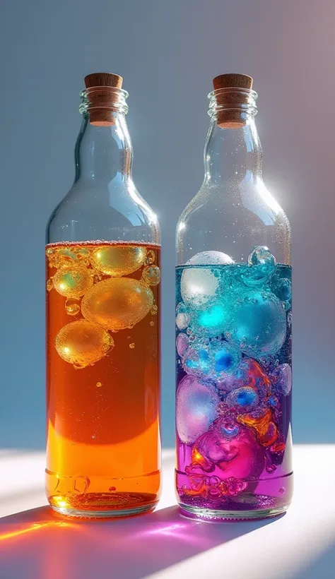 macro photo,two same size same shape bottles side by side , the First bottle which is being opened up almost empty with label 2024. beside it another same bottle but the bottle cap still not opened,full with mixing of various colors liquid with label 2025,...