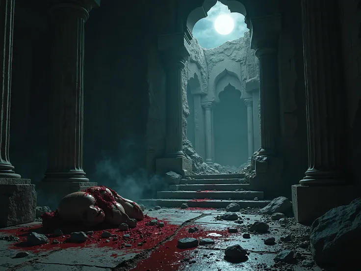 An eerie temple interior with a shattered idol and bloodstains smeared across cracked walls in dark night.