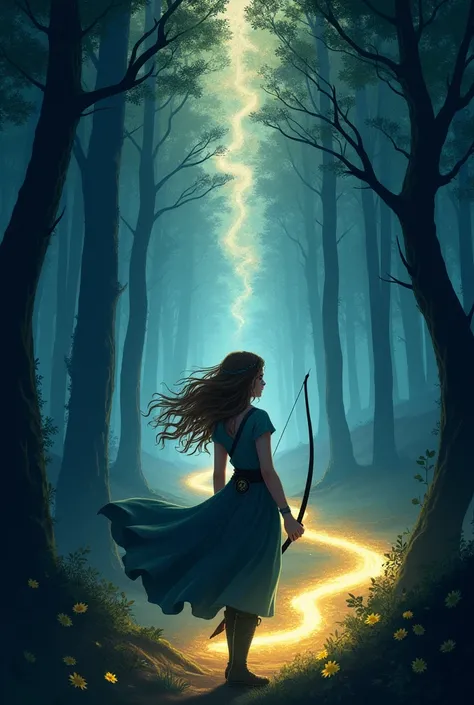 Central illustration:
a young woman with her back ,  depicting Celeste ,  with loose, long curly hair being carried away by an invisible wind . She is standing,  looking at a mysterious forest illuminated by a soft light .  The amulet around her neck emits...