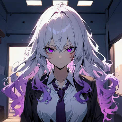 [high quality, best quality], 1girl, classroom, white hair, neon purple hair, gradient hair, long hair, wavy hair, messy hair, school uniform, looking at viewer, expressionless, arrogant, medium-large breast, tall, 180cm tall, bandages, scars, blood,