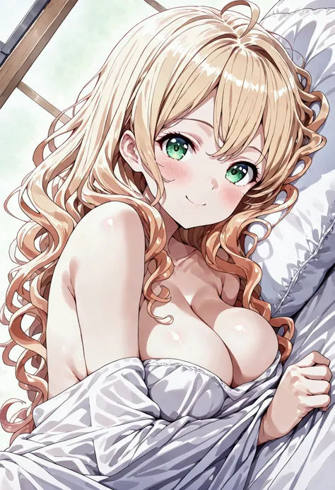 Ultra-detailed, (portrait), (1 girl), (medium skin:1.4) hyper detailed, absurdres, 8k, Beautiful Face, pretty, eyes, cute ((large breasts)), highest quality, super high quality, one person, messy ash blonde hair, (ahoge) (wavy hair: 1.5) (fine grain, green...