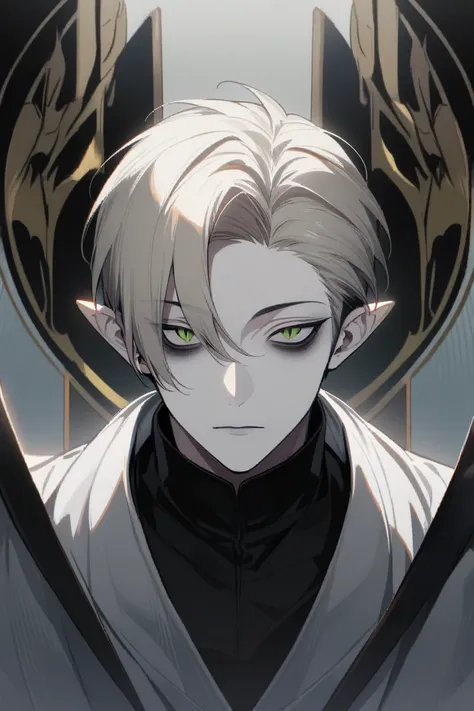 1boy,solo, mature, male focus,bishounen, tall, curtained hair, arched bangs, (very short hair cut) , platinum blonde hair, slit pupils, green eyes, bags under eyes, pale skin, pointy ears, straight on, portrait, standing, aesthetic, best quality, masterpie...