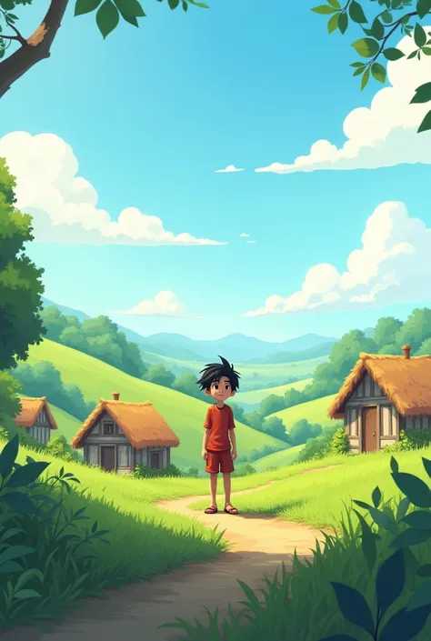 Image: A peaceful rural village with small houses, surrounded by fields. A young boy, named Arjun, standing in the foreground.
