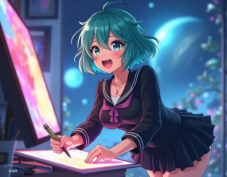 1 adult girl, mature body,  adult body, fine features, ((drawing for a drawing contest)), Drawing the graphics tablet, Seifuku black ,  happy expression , turquoise hair, turquoise eyes,  short, messy hair , lots of colors everywhere , very dynamic pose, e...