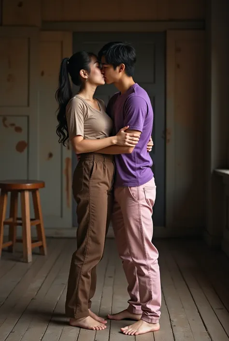 An Indonesian woman is with a tied hair, light brown long sleeved tight top, brown high waisted long cargo pants, and barefooted. The woman has a very tall, huge and highly muscular figure. A Korean man is wearing purple tight short sleeved t shirt, pink l...