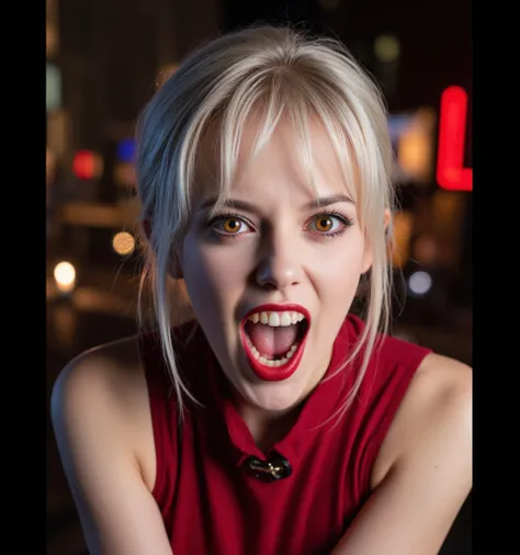 (((Female vampire)))、 vampires 、 Silver Hair、Golden Eyes、 open your mouth、(Vampires sharp teeth:1.9)、 ( my double teeth are growing long:1.8)、My two sharp teeth 、There is a kiva 、very beautiful woman、 Red Dress 、Western city at midnight background、 suspici...