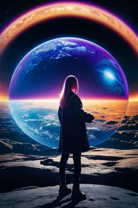  A woman stands in front of a picture of a planet, Future City ,  psychetrance artwork ,  Interconnected human organisms , Panoramic view of a girl,  progressive rock album cover, An endless dream, Stardust, galaxy, Stoner Rock --ar 16:9-5 o&#39;clock.1