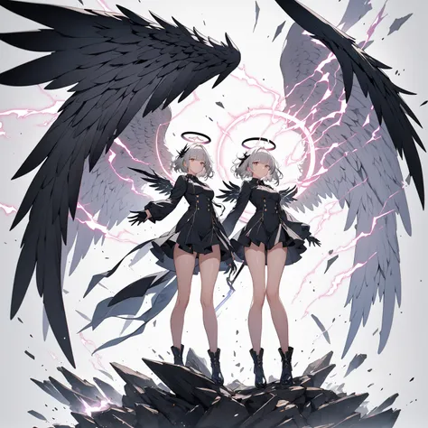 Masterpiece, best quality, ultra-detailed, anime style, 8k high resolution, full body of angelic girl, like smoke and fallen angel given form, halo and giant fallen angel wing, impossible  sword and shiny claw, supernatural Lightning and flame, trending ar...