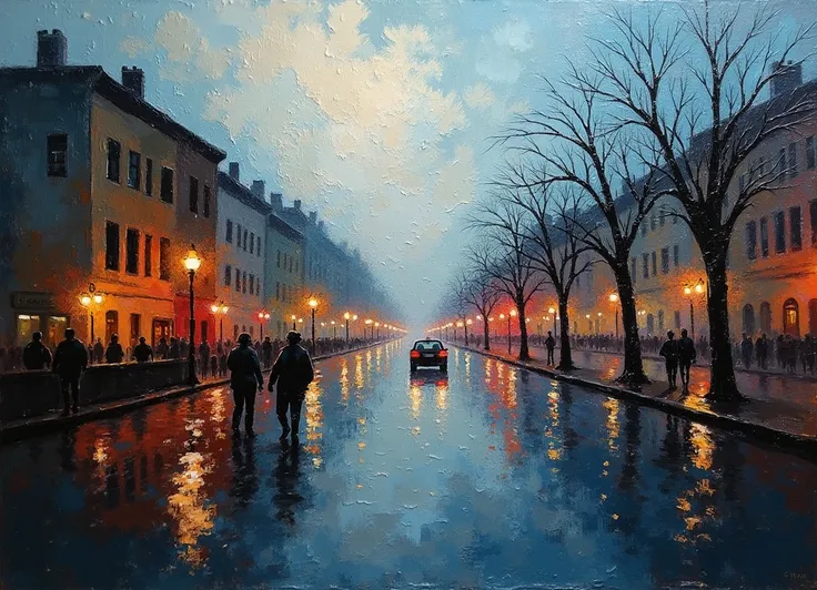 OIL PAINTIN made with palette knife, IMPRESSIONISM,(masterpiece, best quality, ultra-detailed, best shadow),(detailed background),realistic ,(Rembrandt), rainny evening in Cracow City in Poland, view shown throught wet glass, shapes are blurred melts away ...