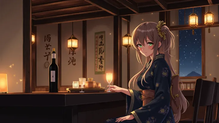 } A beautiful and elegant young woman sits inside a Japanese-style tea room illuminated by soft night lights.  wearing a kimono with a dark navy and gold floral pattern, ,  has gold ornaments on her hair that is delicately tied .  The warm atmosphere of th...