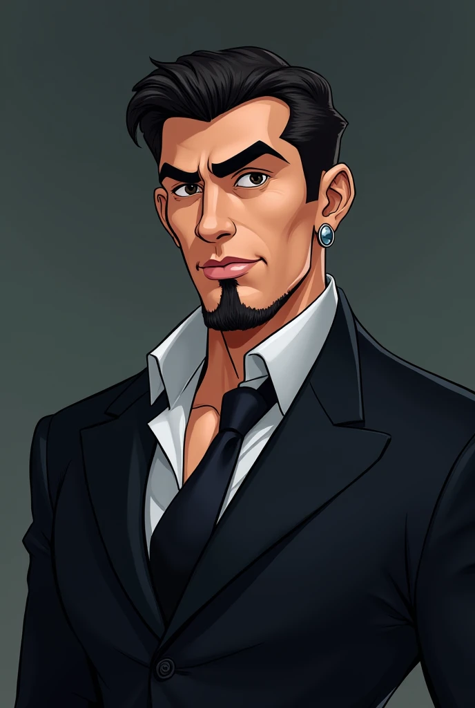 Man in a black suit and goatee earring in one ear and manipulative appearance Cartoon or anime style 