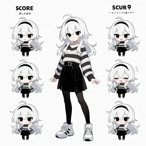 (( best quality)), (( masterpiece)), ( Detailed ),  white background,  four identical Chibi girl but with gestures , different expressions and moods ;  full body,  loose white hair over the shoulders , black sash,  black eyes with reddish tint , black and ...