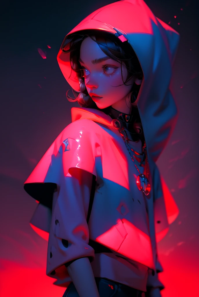 blacklight anime art of arafed woman in a red shirt and blue jeans posing for a picture, wearing a red hoodie, red hoodie, wearing a scarlet hoodie, wears a egyptian ankh necklace, wearing a hoody, profile pic, profile image, her belly button is exposed, r...