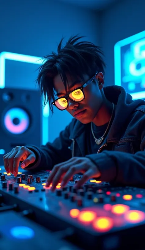 **"An ultra-realistic scene featuring a character with glowing bright yellow eyes and blue neon lights reflecting off their sleek sunglasses. They are seated in a modern music recording studio, surrounded by high-end audio equipment, mixers, and glowing LE...