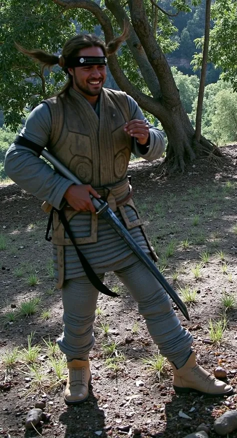 a tanned man, muscular guy with armor and long hair in buns struggling in training 