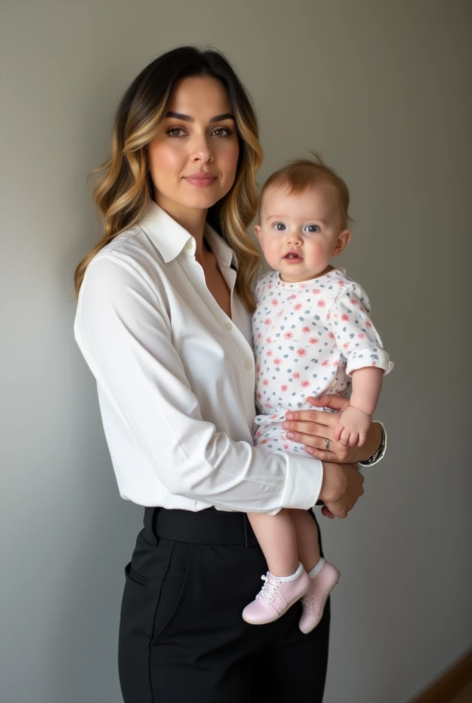 A Realistic photo of Rasha, 29 years old, posing with her  very  beautiful   daughter, heidi, a blonde, white, healthy, cheeky and chubby 
baby with a round face. Rasha is very beautiful, white, her hair is  not very short with black and yellow highlights,...