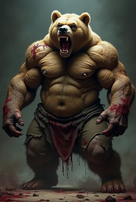 bear with bodybuilder body with extremely angry face with torn clothes with bloody body