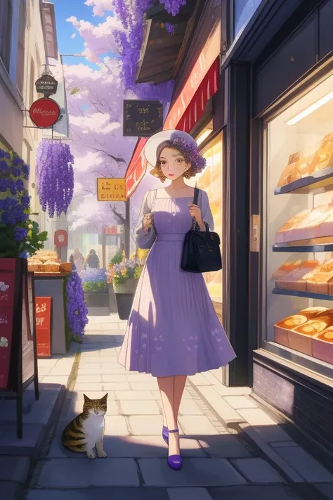 universe,  Illustration with wisteria as the main color , Someones Sign , Maison,  City of Manchester ,  Lavender Flower ,  Cat Walking Slowly in the City ,  beautiful women like Grace Kelly standing pensive in front of a bakery,  Shes very fashionable and...