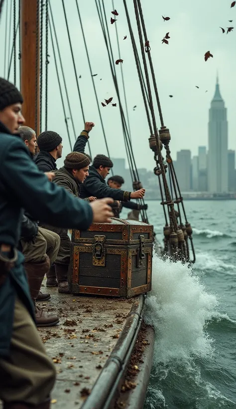 A dramatic scene of men breaking open tea chests on the decks of ships and hurling the contents into choppy, icy water. Tea leaves scatter across the waves, with the Boston skyline faintly visible in the background. The expressions of the men are fierce an...