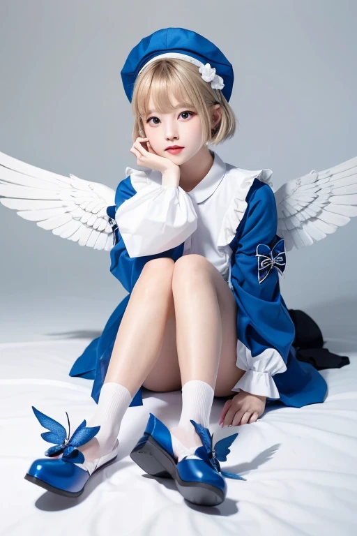 Uekura,  1 girl, Blonde,   White Background ,  on my bed,  dress, Blue footwear, Wings,   simple background, signature, flower,  nail polish,  wide sleeve,  Long Sleeve , , animal, White Flower, Alone,  full body, bird,  Watch Viewers ,  high heels,  put y...