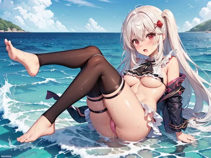 Master piece,best quality,nsfw,Ninym Ralei |  Tensai Ouji No Akaji Kokka Saisei Jutsu {x} | Ninim Laleh ( Tensai Ouji no Akaji Kokka Saisei Jutsu )((frilled bikini,surprised blush,wet skin,open clothes,breasts hold)),on sea