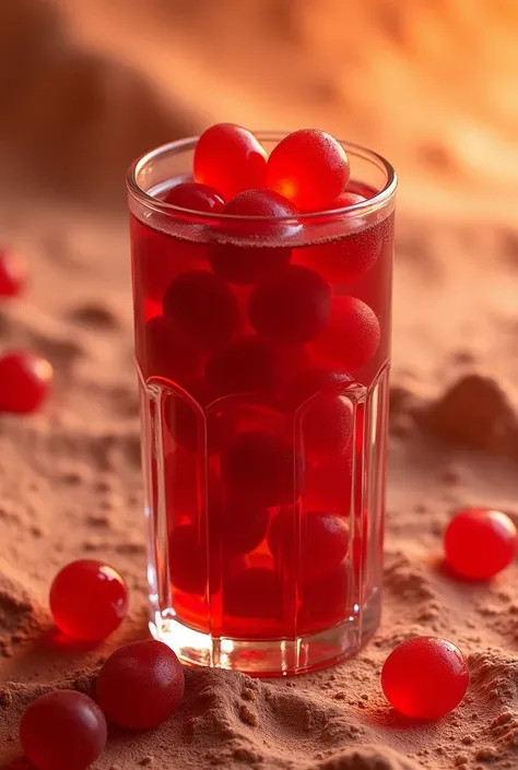 there is a glass filled with red jelly balls in it,  david rubín 的数字渲染 , pexels, Renaissance,  on the orange surface of Mars ,  molecular cooking , Red liquid, Islands made of red caviar, jelly, red, jellyfish gelatin, jelly - like texture, Some red water,...