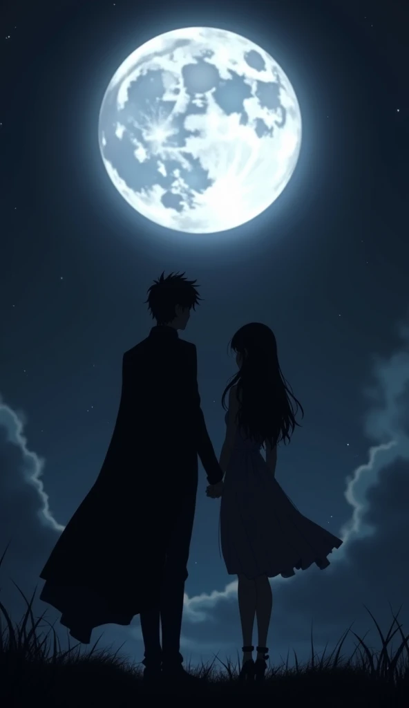 bright flash of black moon light. man and woman. Anime style. atmosfera oscura. Black tones. Man and woman viendo la luna a lo lejos. Personajes cono siluetas.  Man dressed elegantly with a cape. Woman wearing a dress . Anime style. 
