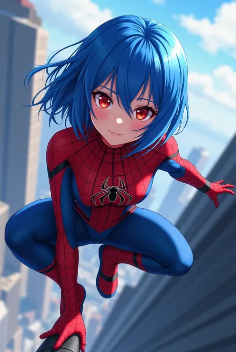 Blue-haired red-eyed anime girl dressed as 
Spiderman