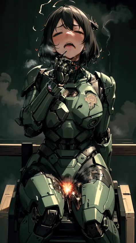 ,     非常に Detailsな ,    Details  ,      high image quality    , 最     high image quality    ,      high res    , 1080P 、    smoke coming out of the wound     　 green armor 、      Steam Coming Out     、 cute((全身のSerious damage))(    An injured woman in a ro...