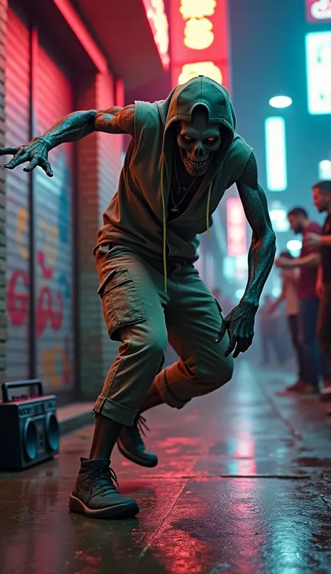 **"An ultra-realistic zombie performing a hip-hop breakdance move, frozen mid-spin in a dynamic and energetic pose. The zombie wears stylish streetwear, including loose cargo pants, a sleeveless hoodie, and a backward cap, all slightly tattered but still v...