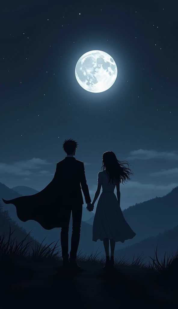 bright flash of black moon light. man and woman. Anime style. atmosfera oscura. Black tones. Man and woman viendo la luna a lo lejos parados en jna montaña. Personajes cono siluetas.  Man dressed elegantly with a cape. Woman wearing a dress . Anime style. ...