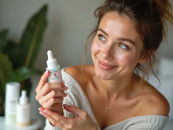 "A woman with medium skin tone and green eyes is in a modern and welcoming room, applying vitamin C serum to her face. She holds the serum bottle, dropping a few drops into the palms of her hands and, with gentle, circular movements, spreads the product on...