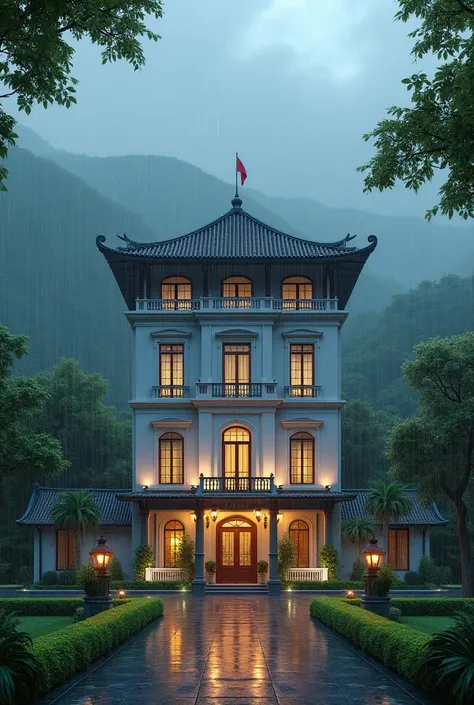 An image of a hotel with rain in the background