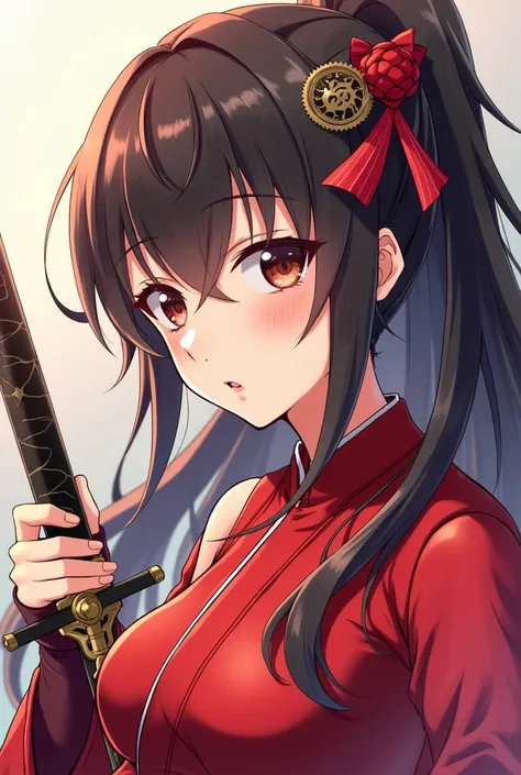 a close up of a woman in a red outfit holding a sword, an anime drawing inspired by Nishikawa Sukenobu, pixiv, shin hanga, ayaka genshin impact, onmyoji, onmyoji portrait, keqing from genshin impact, onmyoji detailed art, ayaka game genshin impact, zhongli...