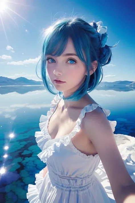  absurd,  high res, ( Official Art,  beautiful and aesthetic :1.2), (Shortsighted:1.15), ( 1 girl,  Blue Hair,  medium hair,  blue eyes, bright eyes,  long white dress, Blue frills,:1.2)  blue sky, Shining Galaxy, ( Salar de Uyuni:1.2), ( fractal art :0.8)...