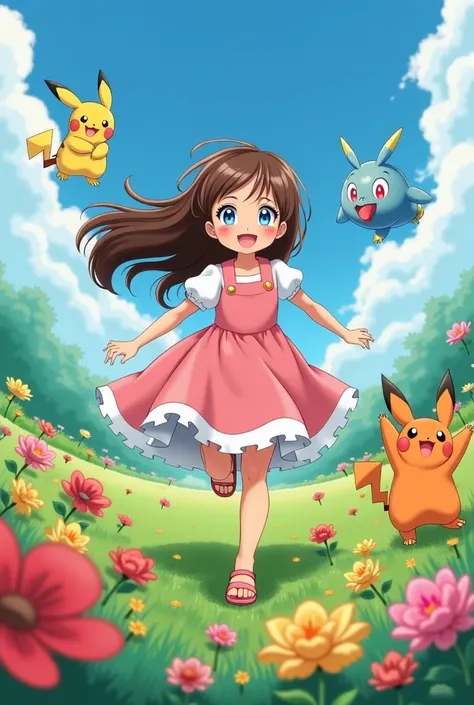 Cartoon girl with long brown hair and blue eyes laughing in a flower field skipping wearing a pink and white dress surrounded by cute pokemon and holding pokemon cards