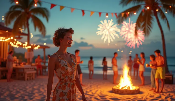 A vibrant 1950s beach party scene celebrating the New Year. At the center is an 18-year-old Russian-American girl with smooth, fair, pink-toned skin, a warm smile, and a confident, playful demeanor. She wears a chic, short vintage sundress with a deep-V ne...