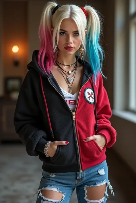 Harley Quinn is wearing a hoodie sweatshirt stylish long sleeve plush hoodie is with Copper Jewelry Set Plaque with Rhinestones Sexy Tear Earrings Necklace and Bracelet Combo with a ripped Jeans with high elasticity Zip and button Closure Harley is in her ...