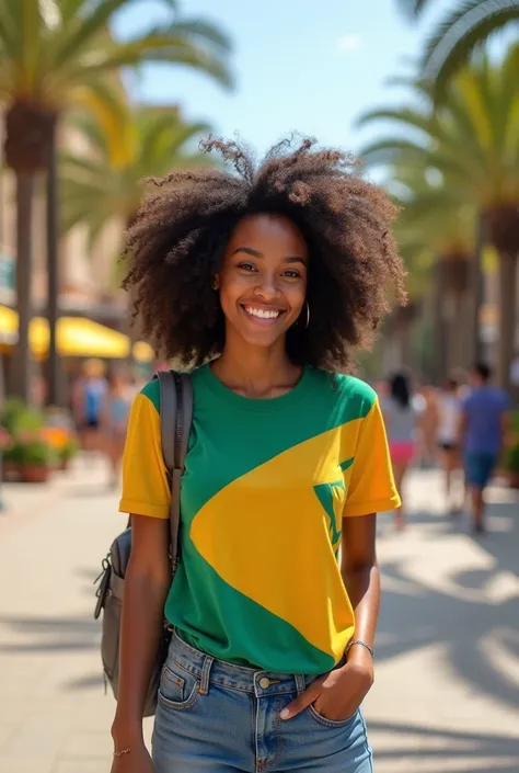 Imagine a beautiful 18-year-old Afro-Brazilian girl, with a warm smile that lights up her face. Their eyes are large and expressive, conveying a feeling of joy and welcome. He is dressed in modern, casual clothes, such as a colorful t-shirt and jeans, that...