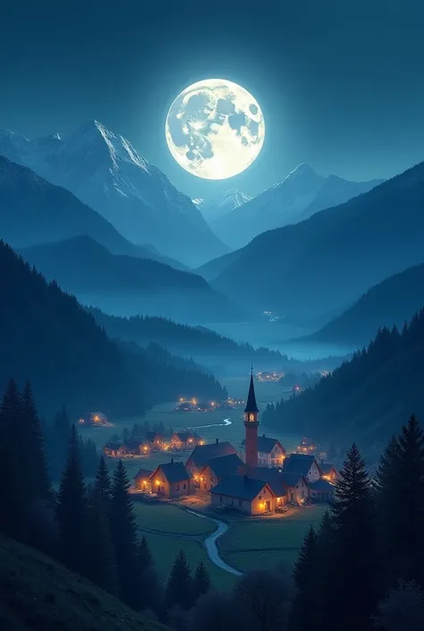 Create a village under the full moon :  An image of a small village surrounded by mountains ,  with the full moon shining in the sky .  The houses in the village are illuminated only by moonlight,  creating a magical and peaceful environment .