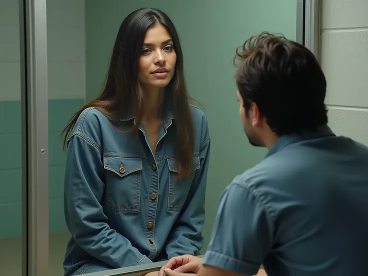 A stunning Brazilian model prison inmate sitting talking to her boyfriend through a glass security screen at a prison visitation facility.She is wearing a grey baggy denim shirt dress. At a Florida high security jail.